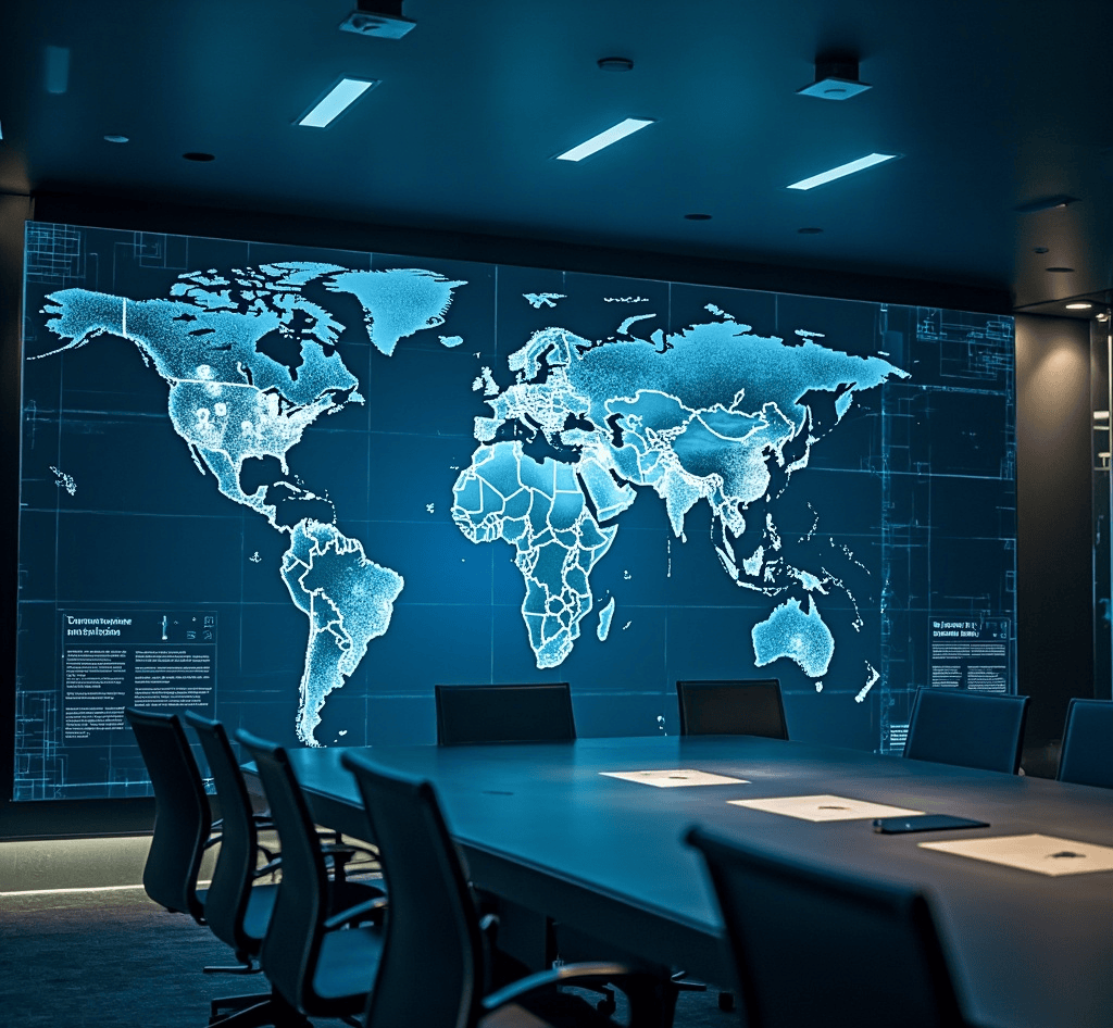 Corporate digital signage screen displaying commercial content inside an office environment