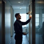 Professional technician installing security equipment and wiring in a commercial facility