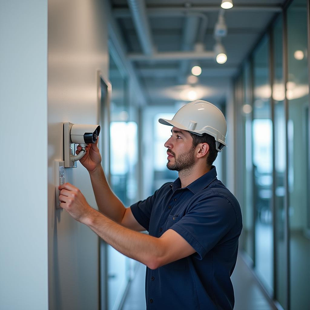Security technician performing installation and configuration of surveillance system hardware