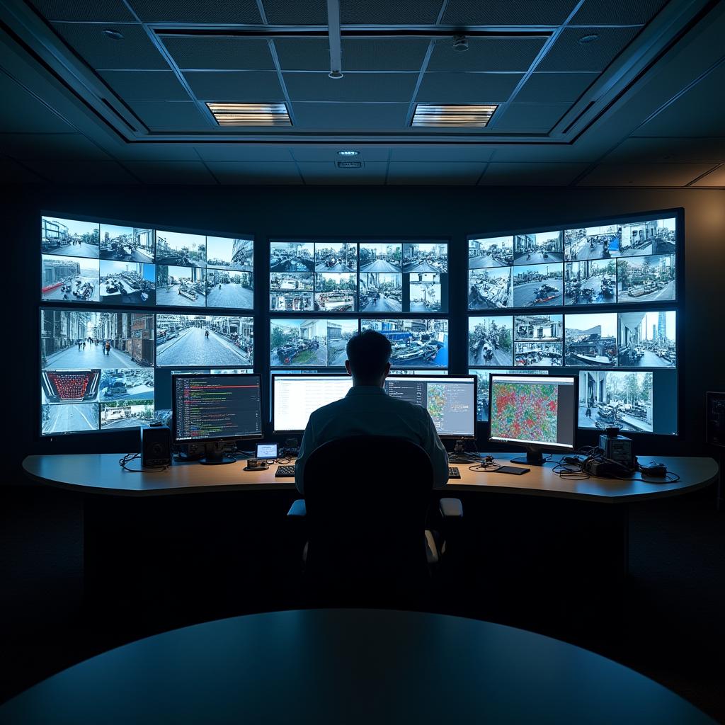 Security control room with operators monitoring multiple CCTV screens in real time