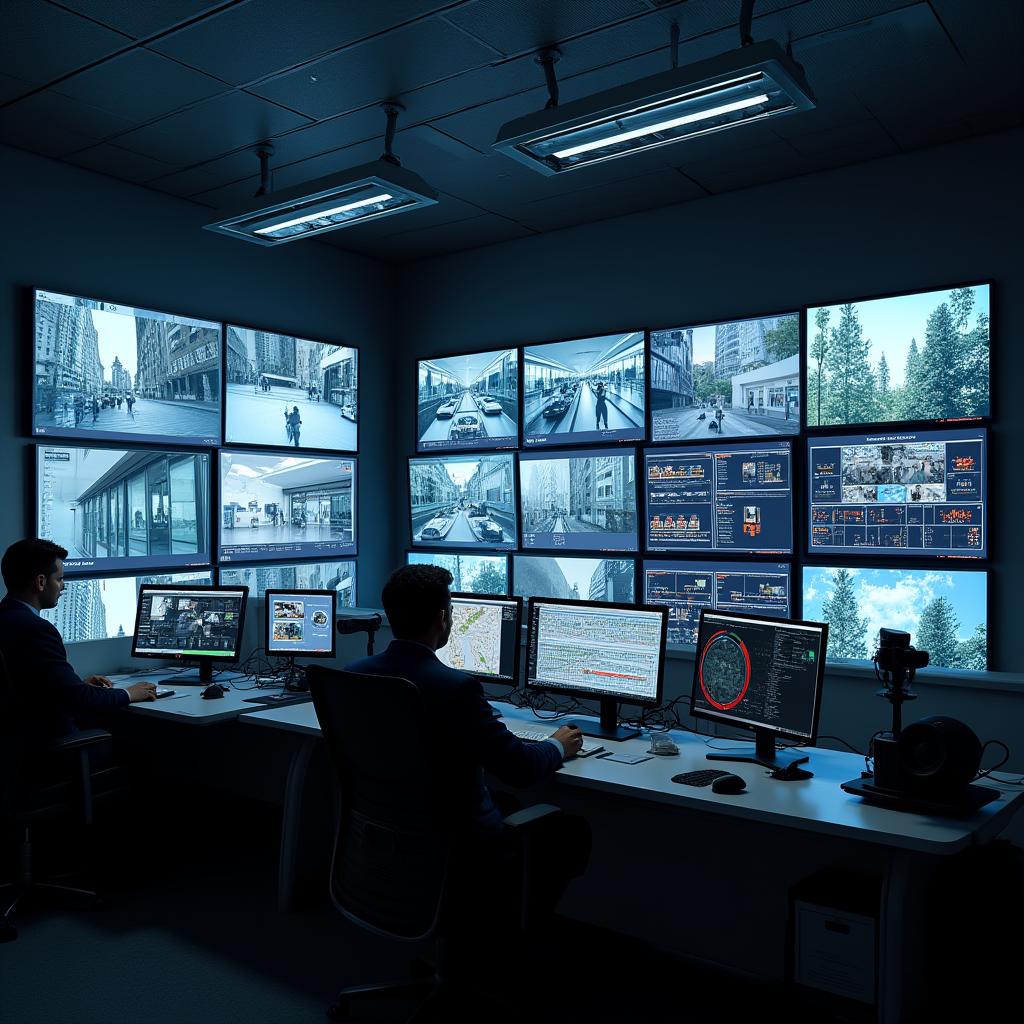 Security control room with operators monitoring CCTV wall in real time