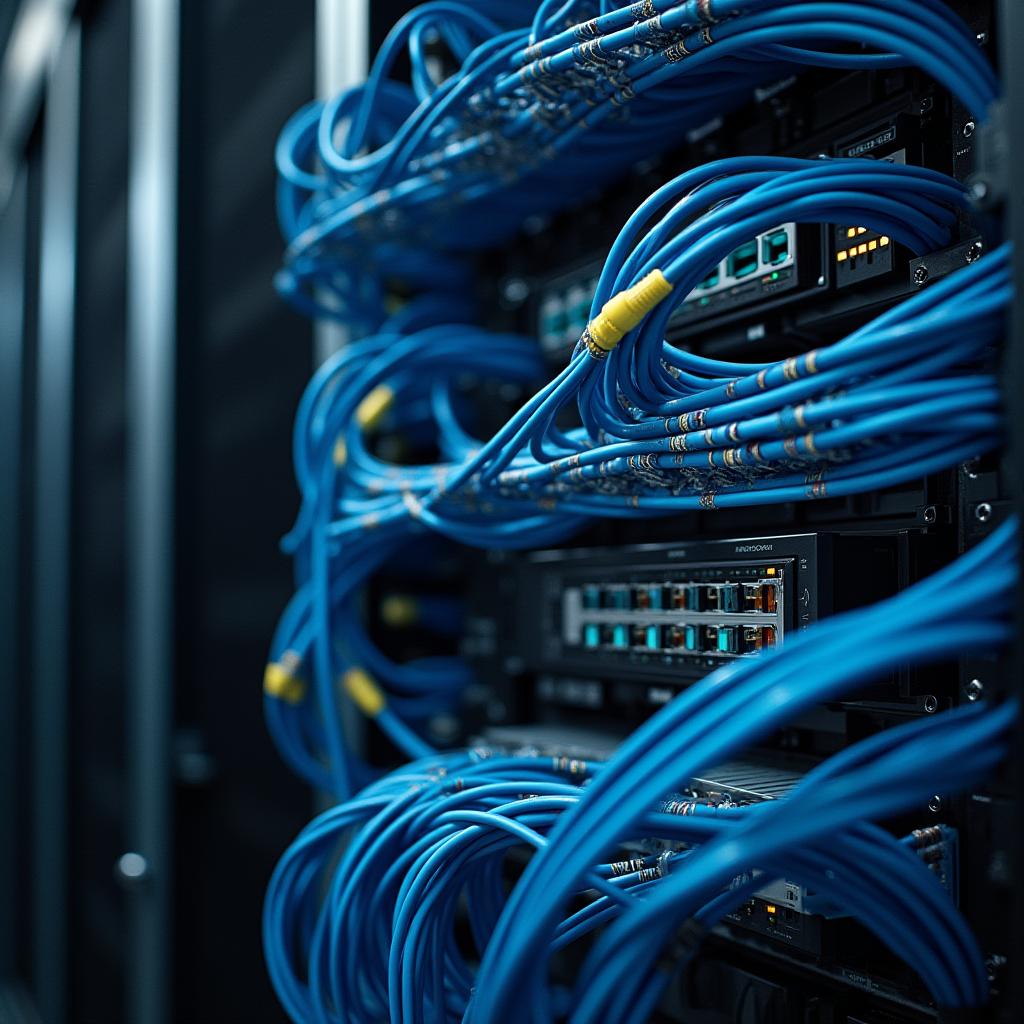 Server rack with structured cabling and network equipment installed in server room