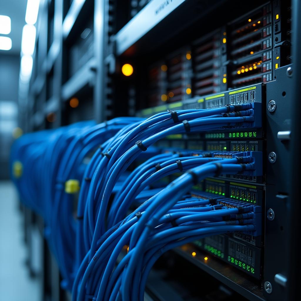 Server rack with structured cabling and network equipment installed in a data room