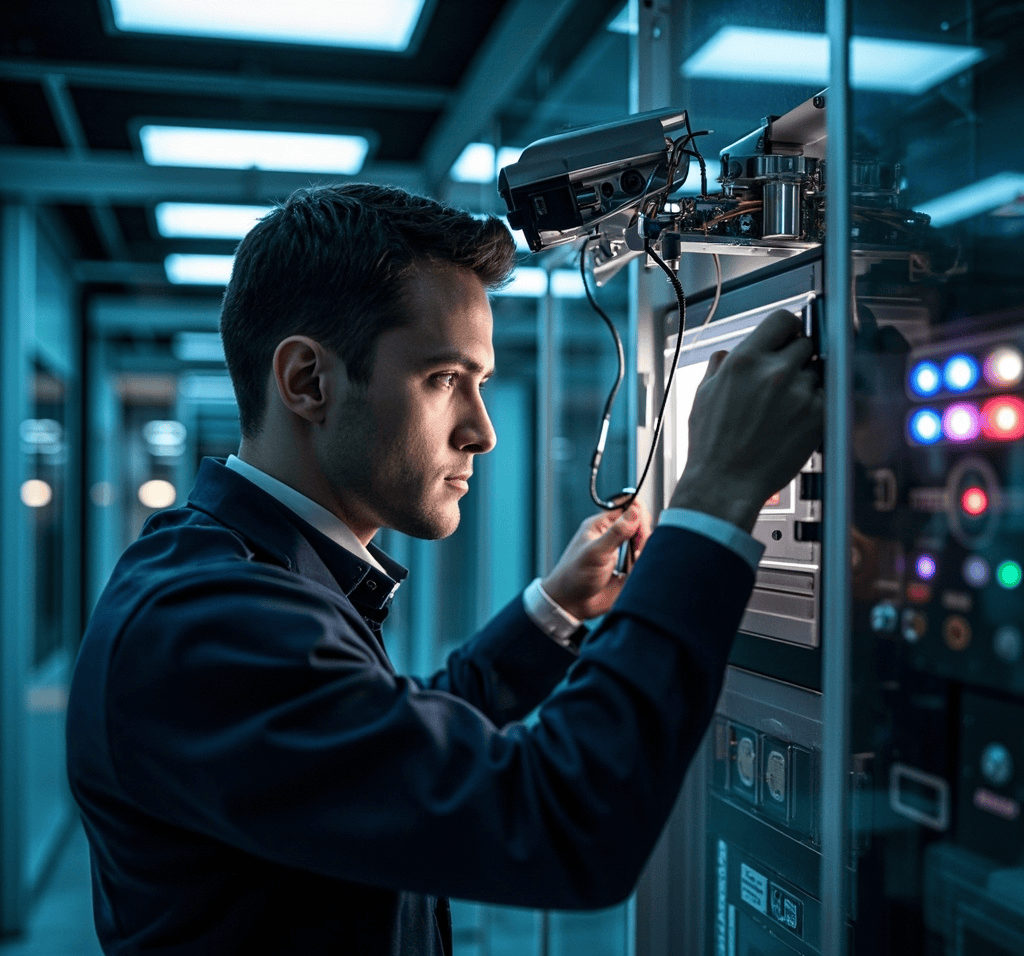 Technician performing maintenance on a professional security system