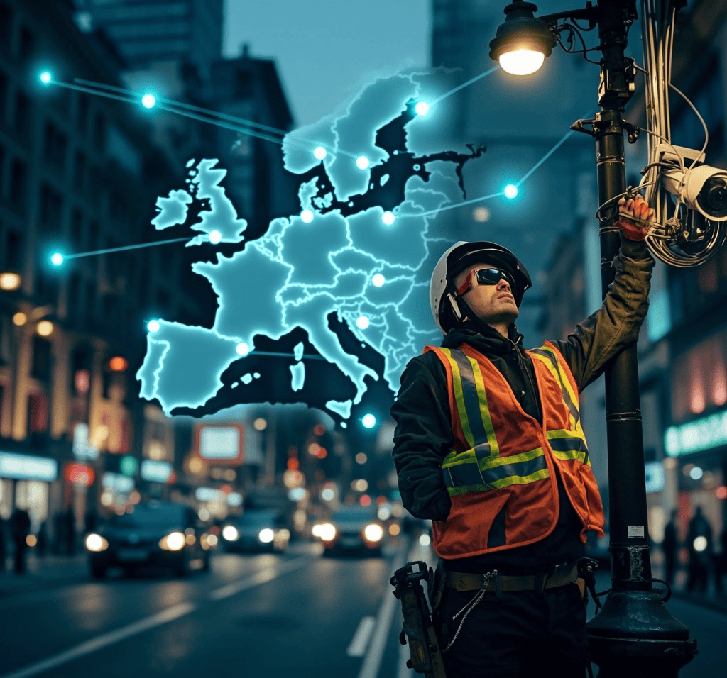 Technician providing maintenance service for commercial digital signage system