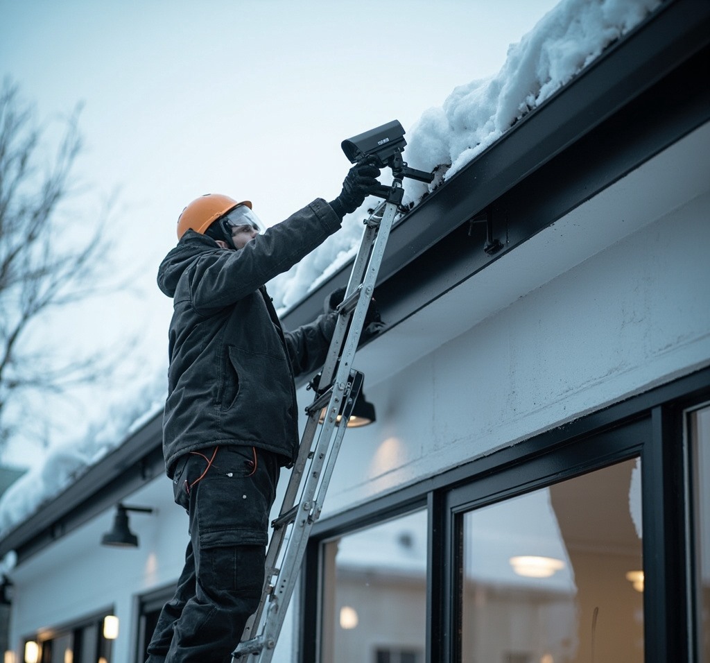 Technician working on security equipment installation inside a commercial facility