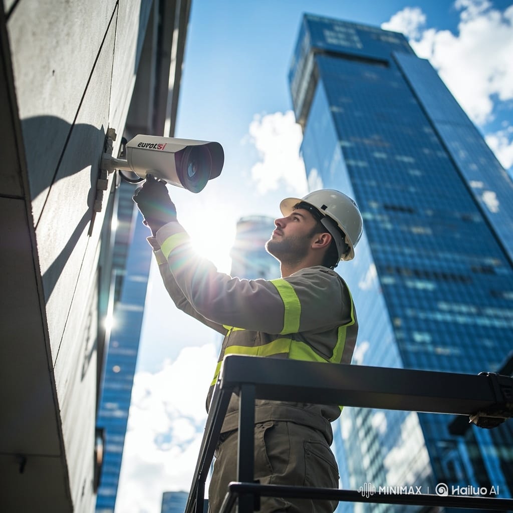 Engineer configuring surveillance system software and monitoring tools