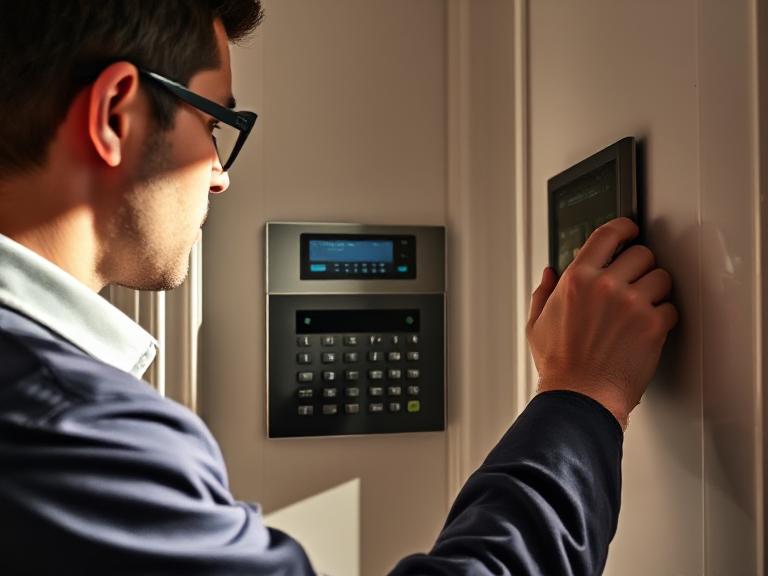 EuroTSI engineer testing alarm and surveillance system inside control room