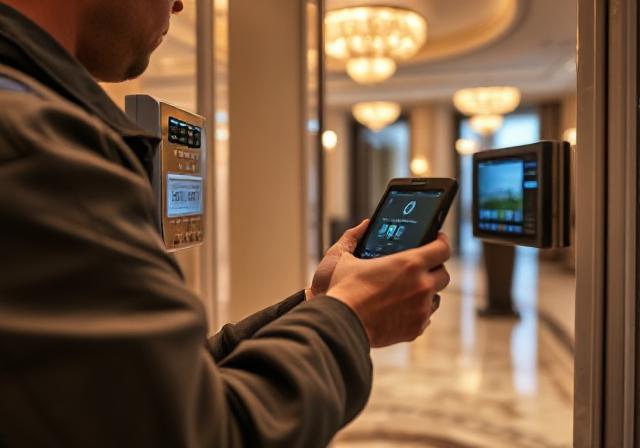 EuroTSI professionals installing security alarm and monitoring systems at business site