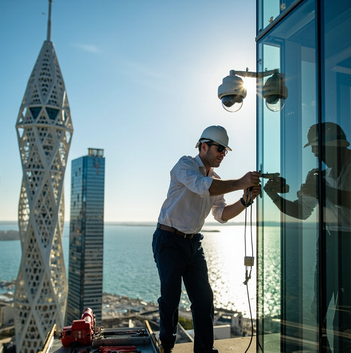 EuroTSI technician installing advanced security and structured cabling systems at a commercial site