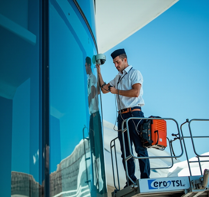 EuroTSI technician installing advanced security camera system at commercial site