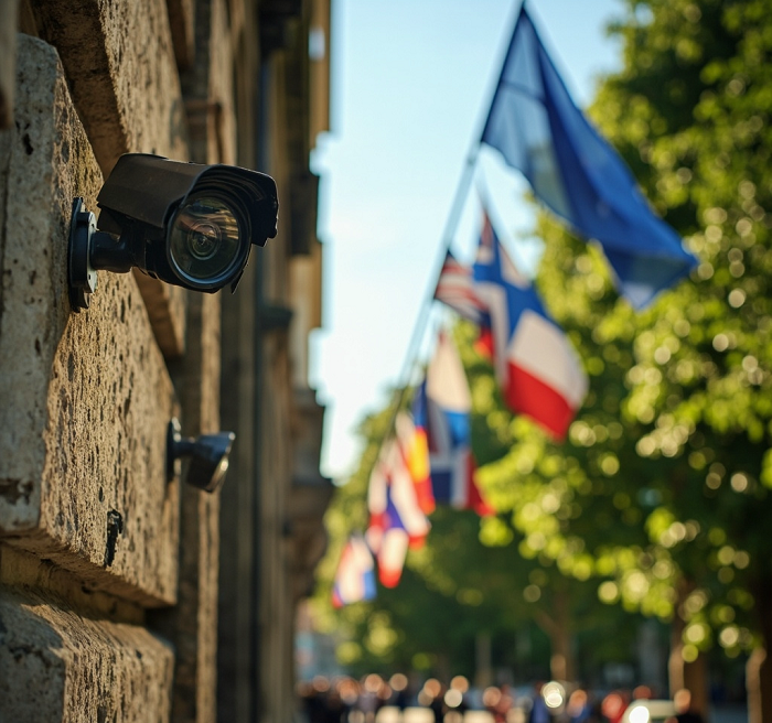 Discreet CCTV camera installed on modern building exterior for advanced surveillance monitoring