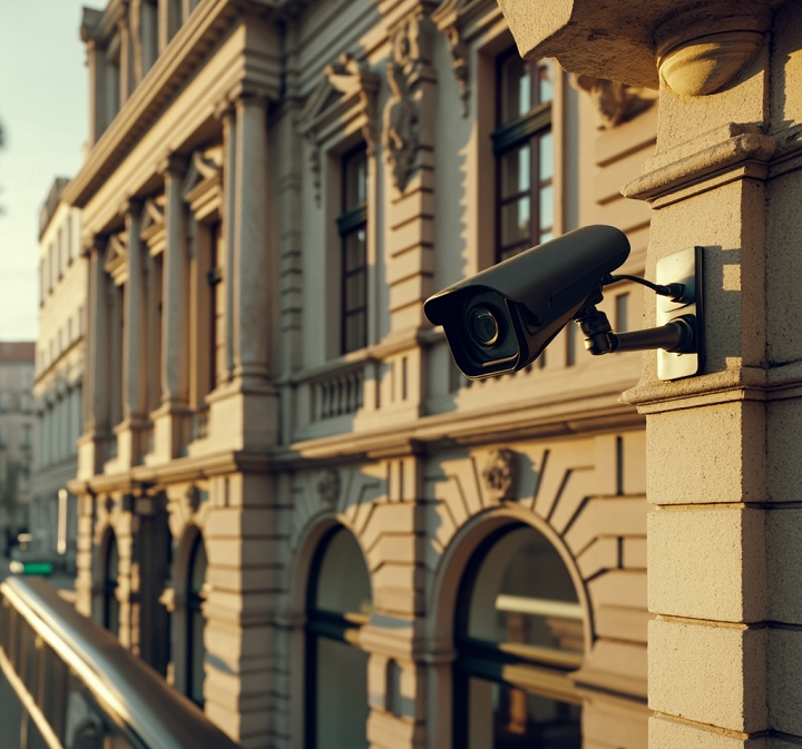 Discreet CCTV camera mounted on modern building wall for professional surveillance monitoring