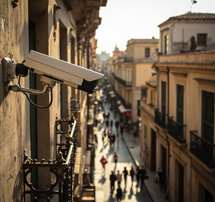 Discreet CCTV camera mounted on building wall for EuroTSI security system in Spain