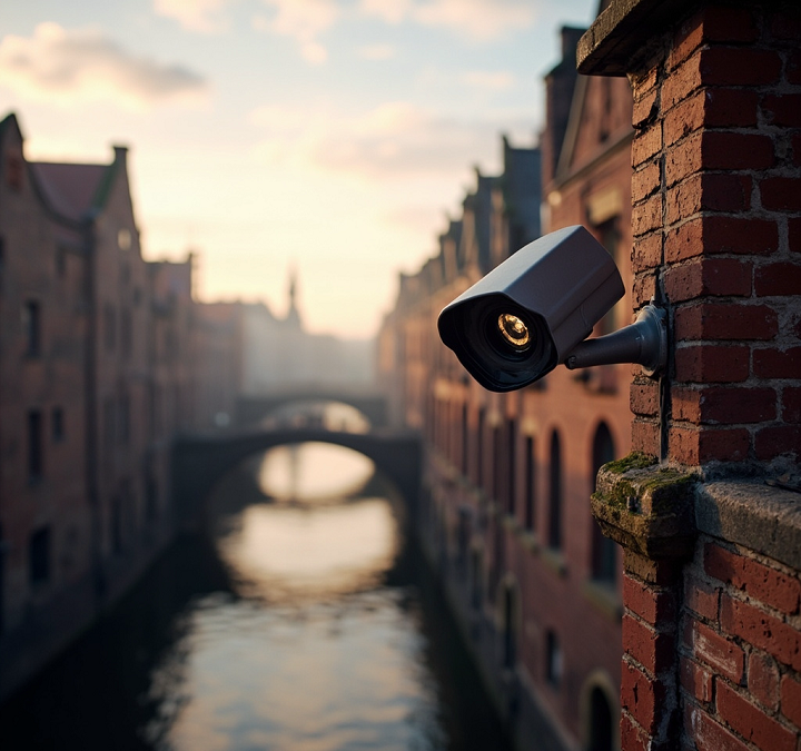 Discreet CCTV camera mounted on modern building for exterior surveillance and security monitoring