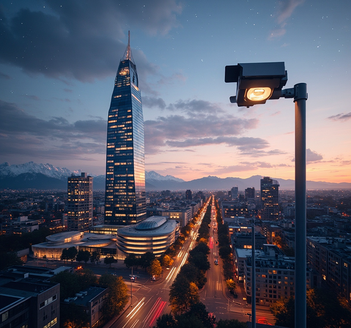 Panoramic evening photo of Munich city skyline with illuminated European architecture