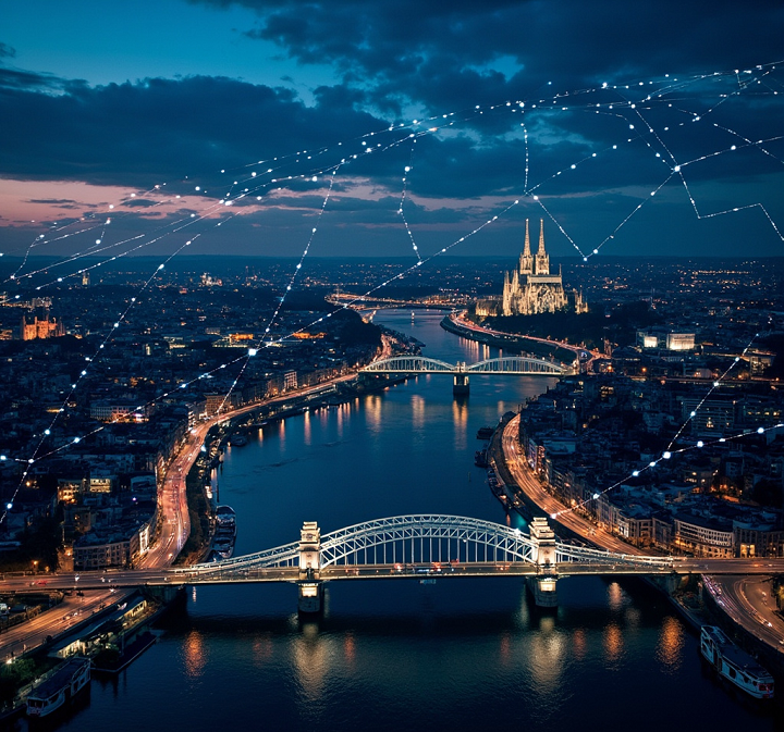 Aerial night view of Cologne city with illuminated cathedral and Rhine River reflections
