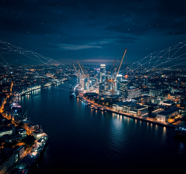 Aerial night view of Hamburg city skyline with illuminated European architecture and waterways