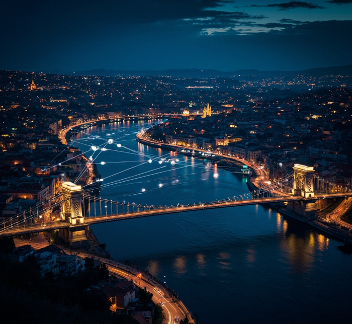 Aerial night view of Porto city illuminated along the Douro River with bridges and urban lights