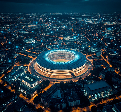 Aerial night view of Stuttgart city skyline with illuminated buildings and streets in Germany