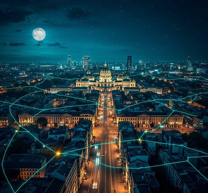 Aerial night view of Vienna city skyline with illuminated European architecture and river reflections
