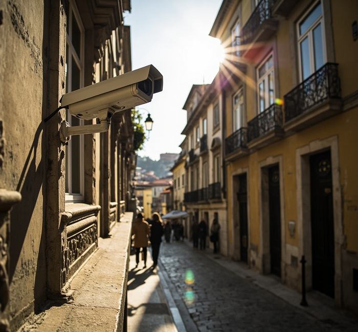 CCTV camera installed on a heritage building wall for modern surveillance and security monitoring