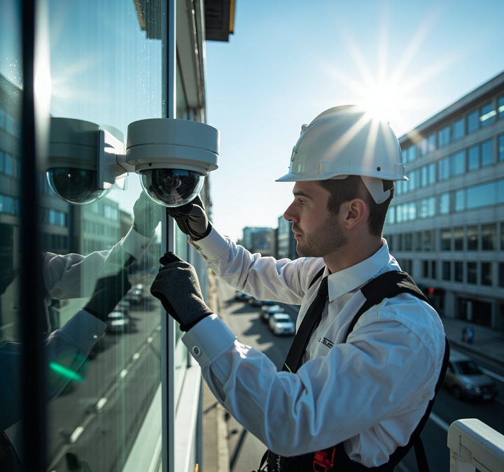 EuroTSI technician installing advanced security and surveillance systems in a commercial facility