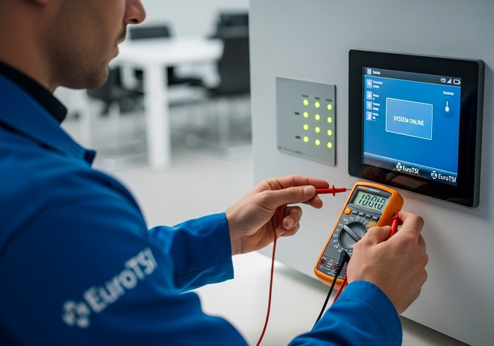 EuroTSI engineer testing a commercial alarm control panel for system safety