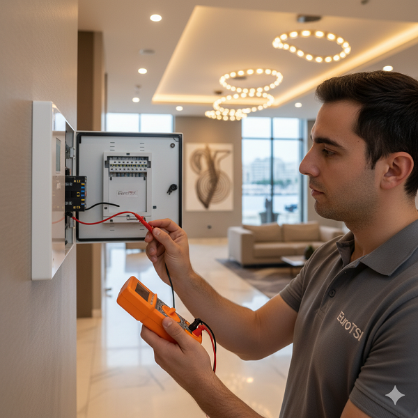 EuroTSI engineer configuring integrated security monitoring systems at Thessaloniki site