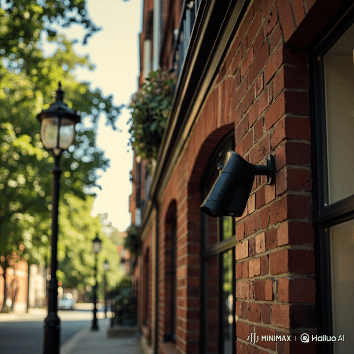 Discreet CCTV camera mounted on building wall for exterior security monitoring