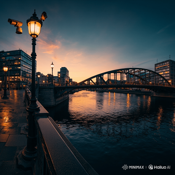 Panoramic evening view of Düsseldorf city skyline with illuminated European architecture