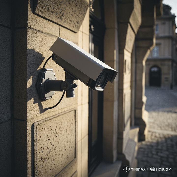 Discreet CCTV camera mounted on modern building exterior for surveillance monitoring