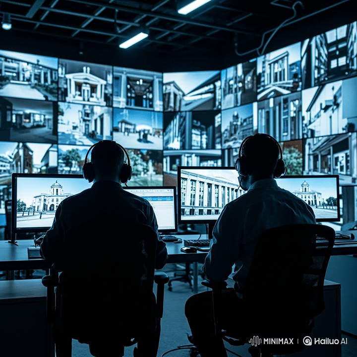 Interior of EuroTSI operations center with professionals monitoring multiple security screens