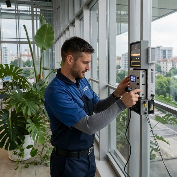 EuroTSI technician inspecting an indoor alarm control panel in a monitored facility