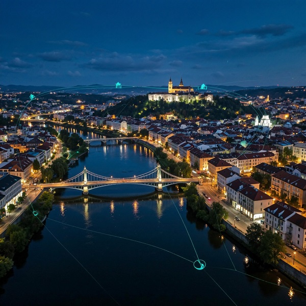 Aerial night view of Ljubljana city center illuminated with EuroTSI smart security lighting systems