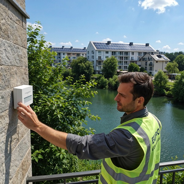 EuroTSI engineer inspecting outdoor alarm sensors on a sustainable building in Ljubljana