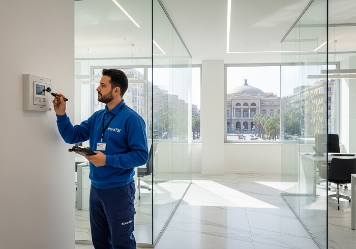 EuroTSI technician performing office security maintenance in Palermo