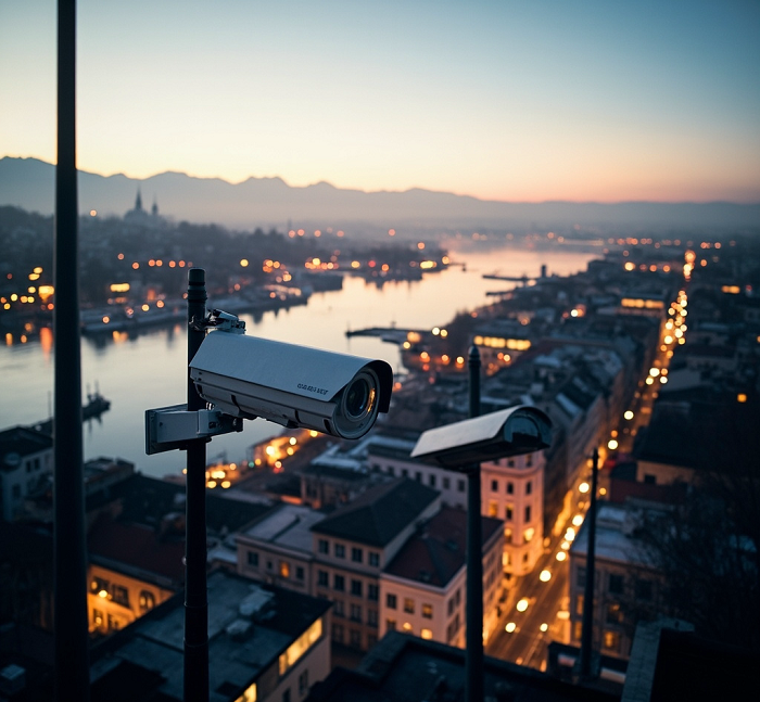 Panoramic aerial photo of Zurich city skyline with lake and surrounding European architecture