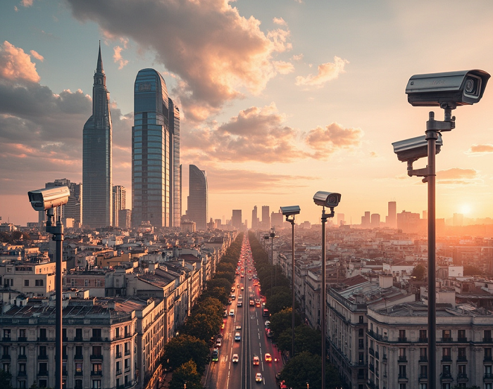 Panoramic cityscape of Madrid showing modern skyline, historic buildings, and clear blue sky