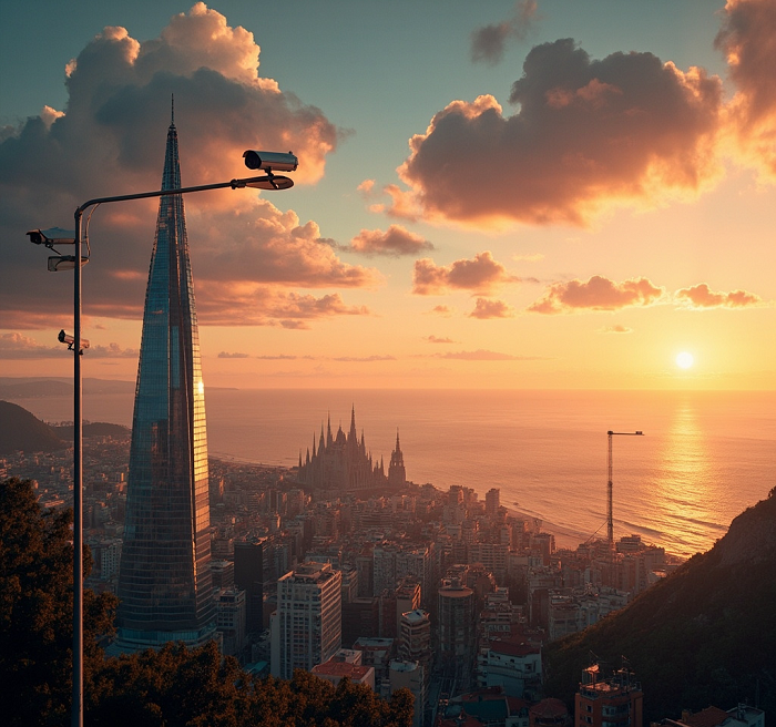 Panoramic sunset view of Barcelona city skyline captured for EuroTSI projects