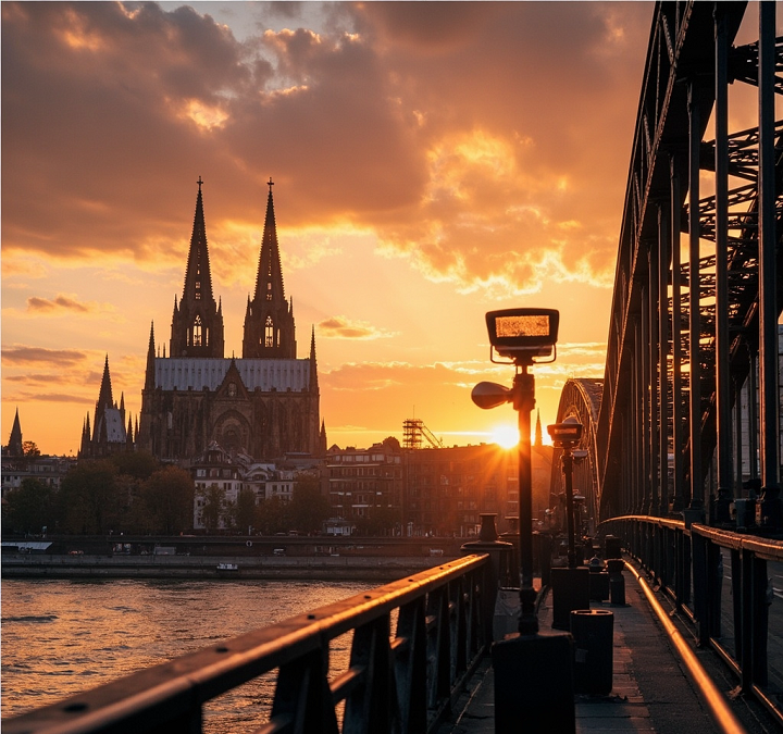Panoramic daytime view of Cologne city skyline with the Rhine River and Cologne Cathedral