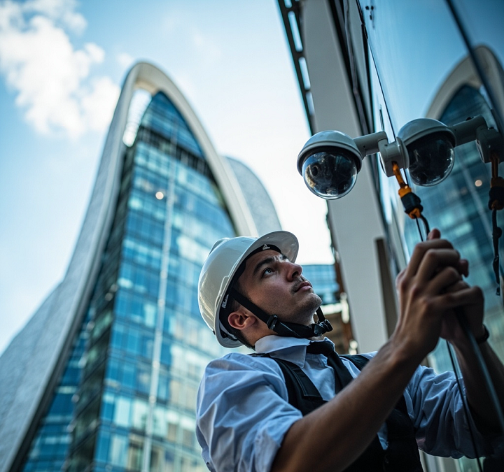 EuroTSI technician installing structured cabling and testing integrated security equipment