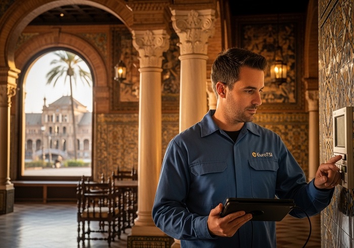 EuroTSI engineer performing hotel alarm inspection and safety checks in Seville