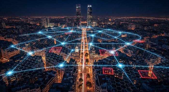 Aerial view of Madrid with EuroTSI integrated alarm and security network systems