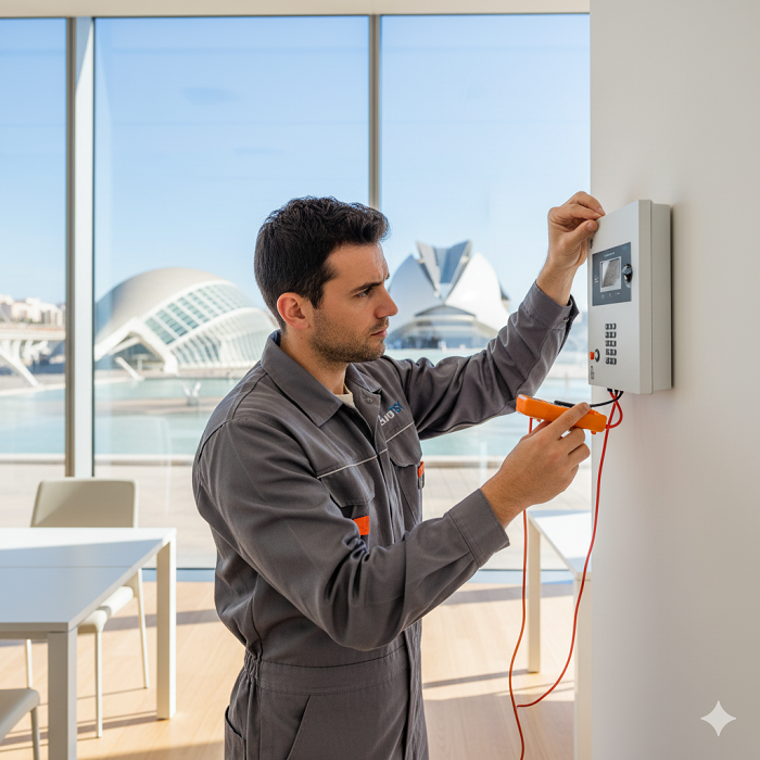 EuroTSI technician conducting alarm maintenance near City of Arts and Sciences in Valencia