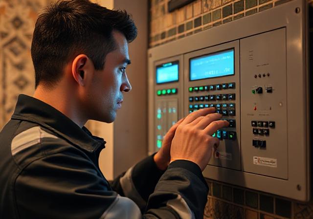 EuroTSI engineer testing alarm and monitoring systems for quality assurance