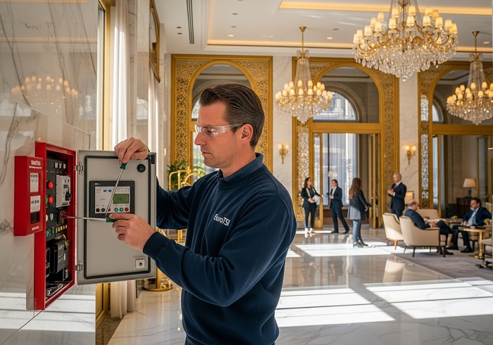 EuroTSI performing fire alarm maintenance at a hotel in Madrid