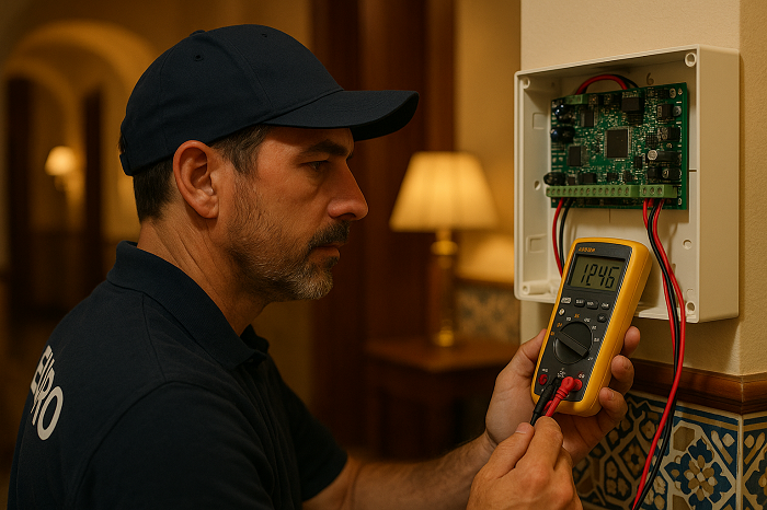 EuroTSI engineer conducting hotel alarm diagnostics in Barcelona’s Las Ramblas area
