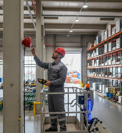 EuroTSI technician performing industrial alarm maintenance at Valencia port facility