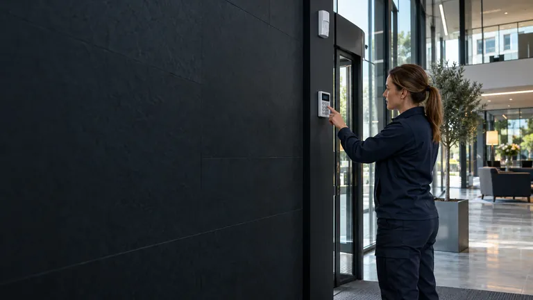 Engineer commissioning an intruder-alarm keypad in a commercial lobby